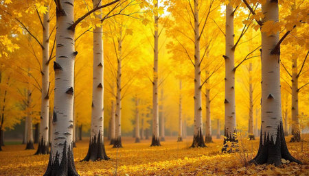 Autumn landscape with birch grove and yellowed leaves.の写真素材
