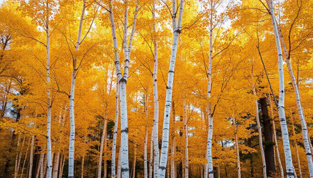 yellow birch trees in autumn, aspen grove, fallの写真素材