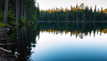 Reflection of trees in the calm water of a mountain lake.