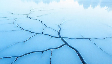 Cracks on the surface of the ice. Winter landscape. Blue background.の写真素材
