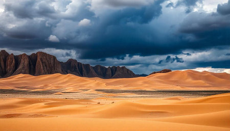 Desert landscape with sand dunes and stormy sky at sunsetの写真素材