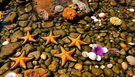 Starfish and seashells on the pebble beach.