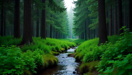 Beautiful forest landscape with small stream and green trees in the morningの写真素材