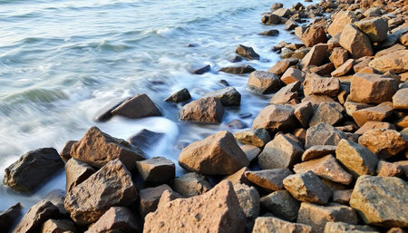Rocky seashore in the evening. Beautiful nature background.