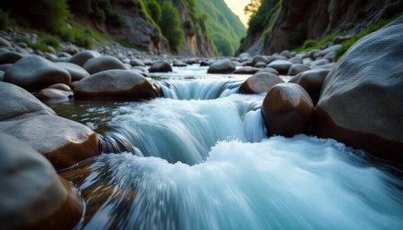 Streaming water in a mountain river on a sunny summer day.の写真素材