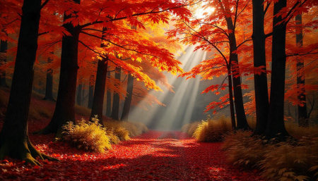 Beautiful autumn landscape with sunbeams shining through the branches of trees