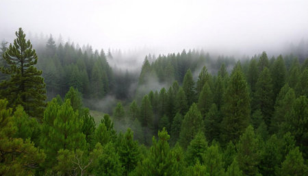 Foggy morning in the coniferous forest. View from above.