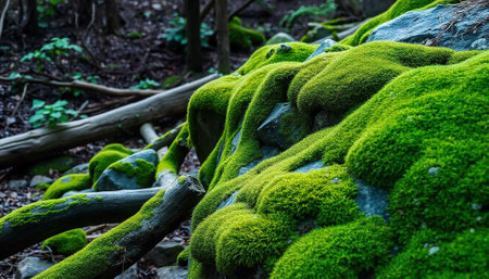 Green moss on a rock covered with lichen in the forest.