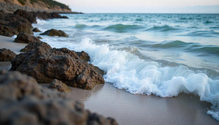 Beautiful seascape with waves and stones on the beach.の写真素材