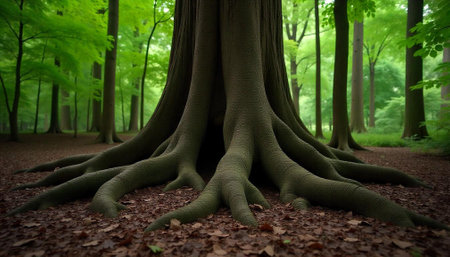 Green forest with big tree roots in the forest. Nature background.の写真素材