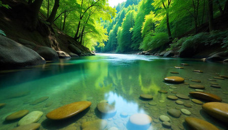 Beautiful forest river flowing through the rocks. Spring landscape in the forest.