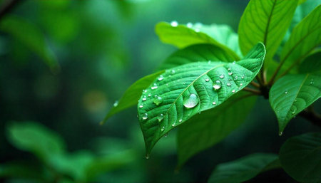 Water drops on green leaves after rain in the rainy season. Natural background.の写真素材