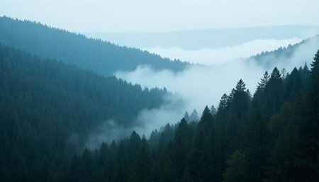 Foggy morning in the Carpathian mountains, Ukraine.の写真素材