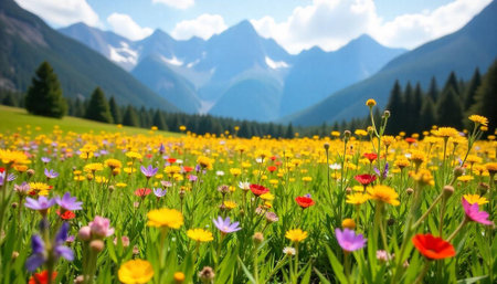 Beautiful meadow with wild flowers in the mountains. Summer landscapeの写真素材