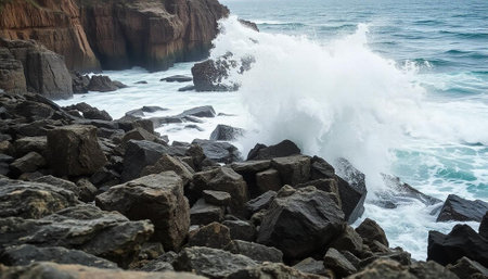 Waves breaking on the rocks in the Atlantic Ocean, Portugal.の写真素材