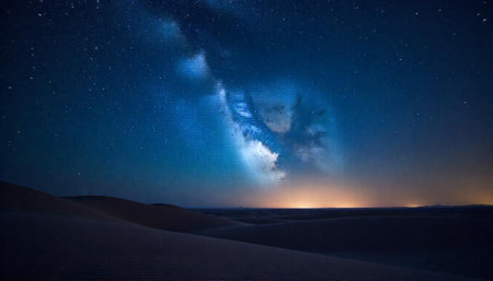 Milky Way over the dunes of the Sahara desert, Moroccoの写真素材