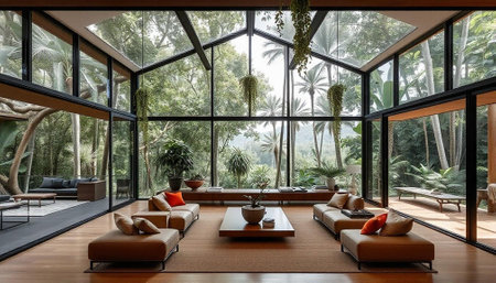 Interior design of modern living room with panoramic windows.