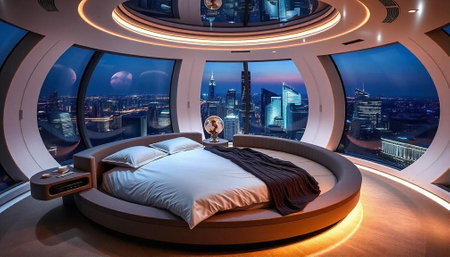 Luxury bedroom with a view of the city at night.の写真素材