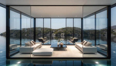 Luxury living room with swimming pool view from the terraceの写真素材