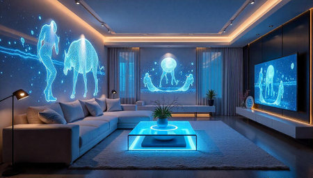 3d rendering of the interior of a modern living room with a white sofa and a projection screen.の写真素材