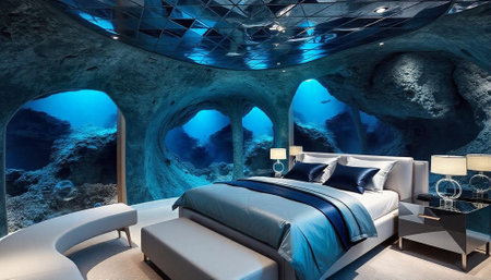3d rendering of a modern bedroom in a cave with blue wallsの写真素材