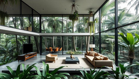 Interior of modern living room with panoramic windows and tropical plantsの写真素材