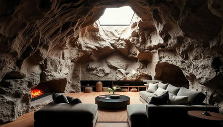 Interior of a cave with a fireplace, sofa and coffee tableの写真素材