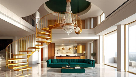 Luxury living room with a green sofa and a staircase. 3d rendering