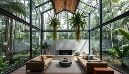 Interior of modern house, living room with green plants and fireplaceの写真素材