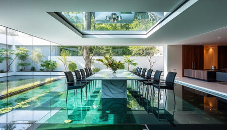 Interior of modern villa, swimming pool and terrace. Nobody inside