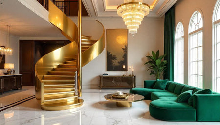 Luxury living room with green sofa and gold stairs. Nobody insideの写真素材