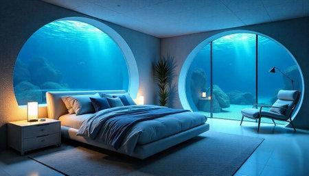 3D rendering of a modern bedroom with a beautiful underwater world.の写真素材