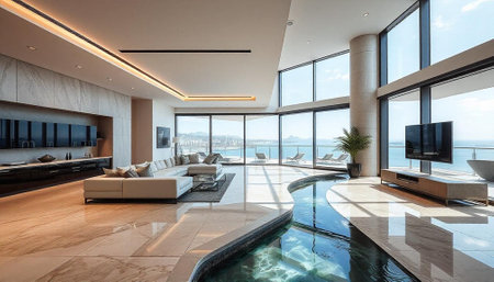 interior of modern luxury living room, view from the swimming poolの写真素材