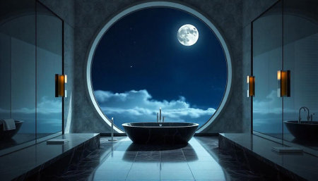 Bathroom interior design with a large window on the background of the night sky. 3D renderingの写真素材