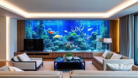 Interior of a modern living room with a large aquarium and a sofaの写真素材