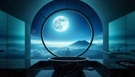 Modern interior design. 3D render. Night scene with moonlightの写真素材