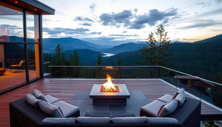 Luxury terrace with view on mountain landscape at sunset. Nobody insideの写真素材