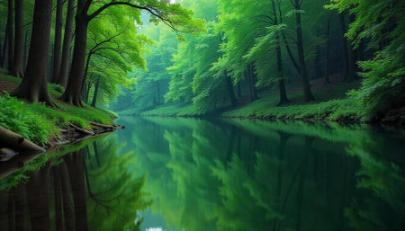 Beautiful landscape of green forest with river and reflection in water.の写真素材