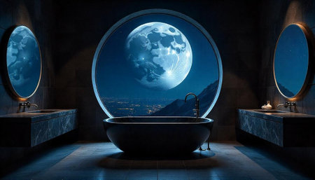 Bathroom interior with night view of the planet Earth, 3D rendering