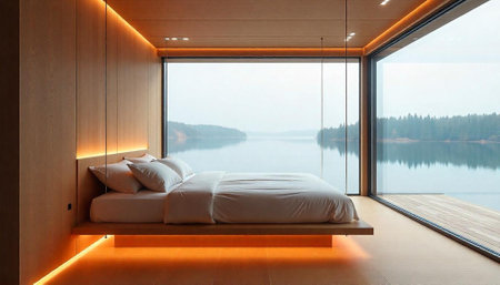 interior of a modern house, bedroom with a view of the lakeの写真素材