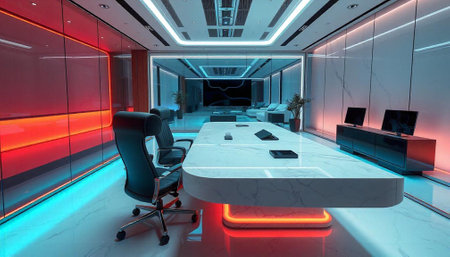 3D rendering of a futuristic office interior with a lot of lights
