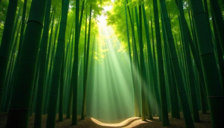 Bamboo forest with sunbeams in Kyoto, Japan. Nature background