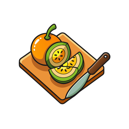 Orange fruit cut with knife on cutting boardのイラスト素材