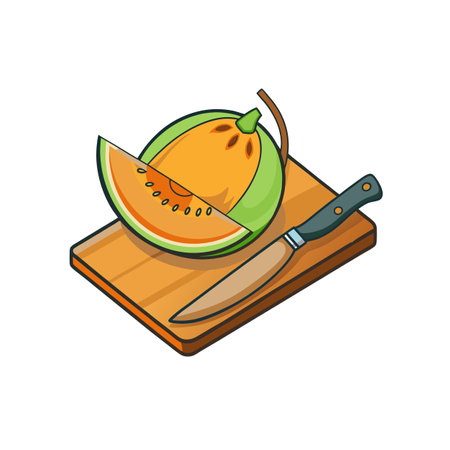 Illustration of cantaloupe melon with slice and knifeのイラスト素材