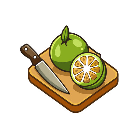 Stylized Green Orange Fruit with Knife on Boardのイラスト素材