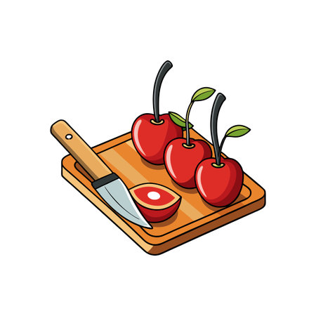 Cartoon cherries on a cutting board with knifeのイラスト素材