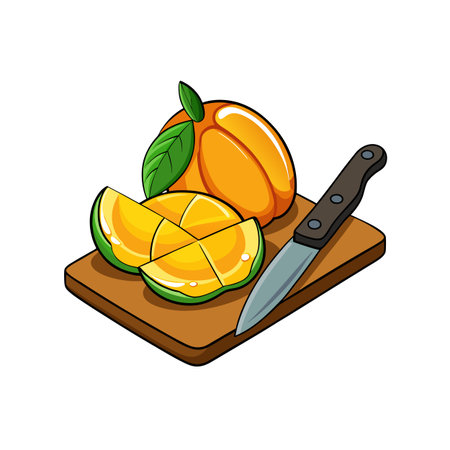 Fresh Mango Slices on Cutting Board with Knifeのイラスト素材