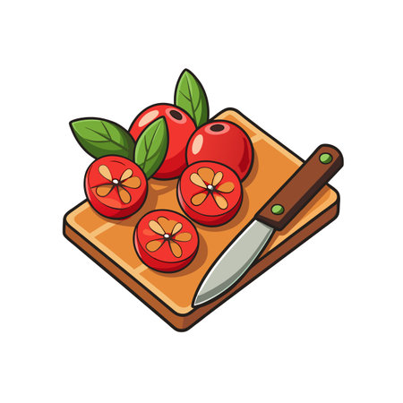 Fresh Tomatoes on Board with Knife Cartoon Styleのイラスト素材