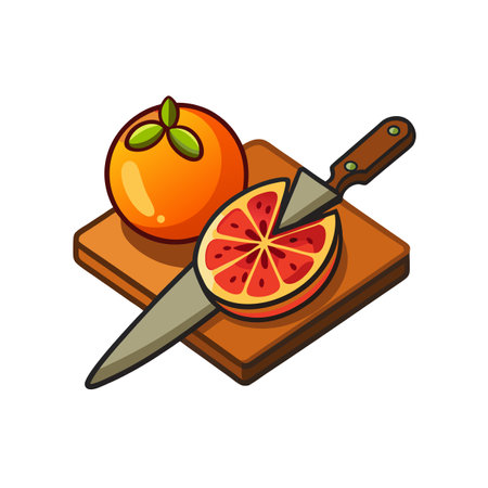 Orange Citrus Slice and Knife Illustration on Cutting Boardのイラスト素材