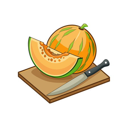 Cartoon Cantaloupe Melon Slice on Cutting Board Illustrationのイラスト素材